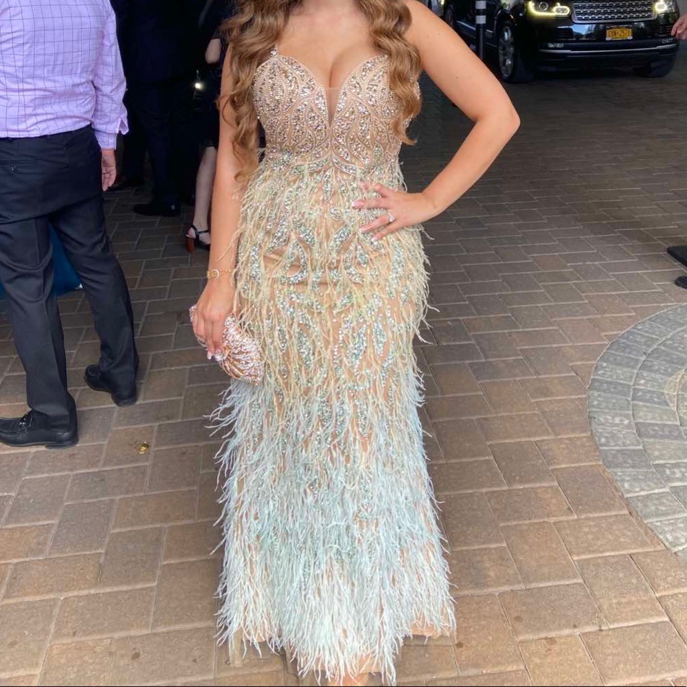Beige Feather Gown Dress